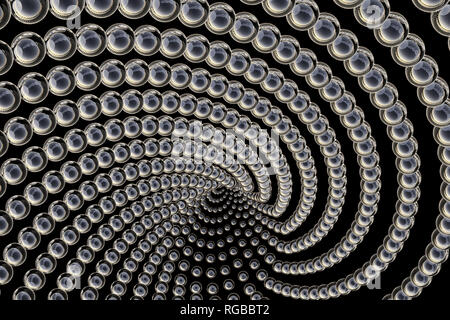 3D-Rendering des reflektierenden transparente Kugeln bilden eine Vortex - wie spiralförmige Struktur, auf schwarzem Hintergrund. Stockfoto