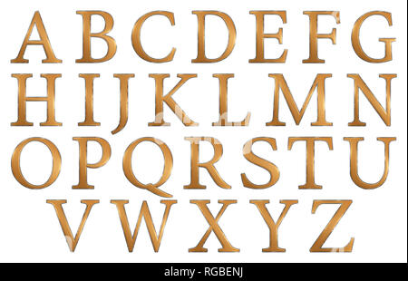 Satz von englischen Alphabet Buchstaben in Großbuchstaben, Gold und Silber Textur, auf weißem Hintergrund, 3 Abbildung d Stockfoto