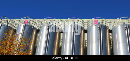 Silos aus Edelstahl in der chemischen Industrie, massenkunststoffe Silo vor blauem Himmel Stockfoto