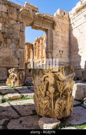 Die Hauptstadt der korinthischen Säule am Eingang des Tempels von Bacchus, Heliopolis römische Ruinen, Baalbek, Libanon Stockfoto