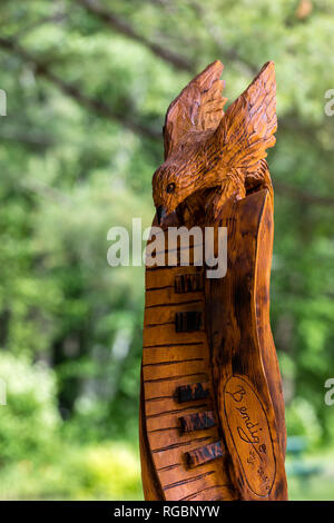 Rawdon, Quebec, Kanada, 18. Juni 2018: Holzskulptur von einem kleinen Vogel und einem Piano in der Parc des Cascades Stockfoto