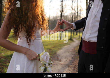 Frisch vermählte Brautpaar Berühren Hände und Finger in Herzform Rahmen Stockfoto