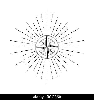 Abstrakte schwarze Windrose Silhouette mit Glanz strahlen auf weißem Hintergrund Stock Vektor