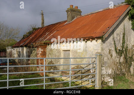 Verfallenes Bauernhaus mit Wellblechdach in Nordirland Stockfoto