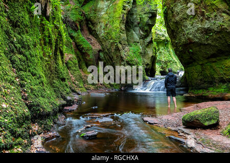 Großbritannien, Schottland, Trossachs National Park, Finnich Glen Canyon, Des Teufels Kanzel, Fluss Carnock Brennen, männliche Tourist in Wasser Stockfoto