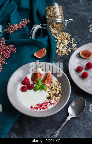 Schüssel Naturjoghurt mit Obst Müsli, Himbeeren, Feigen und Granatäpfel, Saatgut Stockfoto