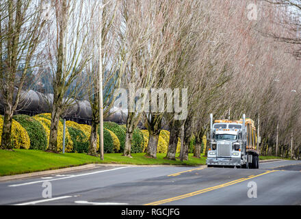 Klassische Motorhaube kommerziellen amerikanischen Big Rig Semi Truck mit Flachbett Auflieger für den Transport von Containern mit Glas fahren auf der Straße mit Bäumen und Stockfoto