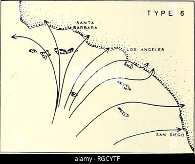 . Bulletin des südlichen Kalifornien Akademie der Wissenschaften. Wissenschaft; Naturgeschichte; Natural History. Typ 3 ICH vL ^ ^ ^ "" " 7 | i S "J"^^. SEA BREEZE MUSTER SÜDKALIFORNIEN PLATTE 33 6 Sea Breeze rationalisieren Muster, die häufig über den o auftreten. Tshore im Süden von Kalifornien. Aus Analysen von Herrn Rod Graham, US-Wetterdienst entwickelt. Pazifik Hoch und die Stärke der land Sea Breeze. In der Platte 34 wind Rosen sind für jeden Monat von Juli 1955 bis Juni 1956 für die Newport Beach Bereich angezeigt. Hier die Meeresbrise weht am häufigsten aus dem Südwesten - Stockfoto