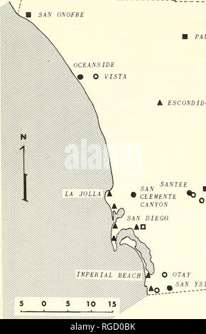 . Bulletin des südlichen Kalifornien Akademie der Wissenschaften. Wissenschaft; Naturgeschichte; Natural History. 12 Bulletin So. Calif Akademie Wissenschaften/Vol.64, Pt. 1, 196 '^SAN ONOFRE OCEANSIDE O VISTA A. ESCONDIDO. PAVMA TAL? SANTA YSABEL ein JULIAN CVYAMACA SEE " ", SANTEE • CLEMENTE^ LAKESIDE 0 VIEJAS WINTER GARDENS OTAY SAN YSIDRO CAMPO JACUMBA f^^^^^^^^ Abbildung 1. Karte von San Diego County, Kalifornien, Städte und Gemeinden, aus denen Stare gemeldet wurden. Quadrate stellen erste Aufzeichnungen vor 1962; Kreise sind Datensätze zuerst 1962 gemeldet; Dreiecke sind Städte und Gemeinden neu in 1 gemeldet Stockfoto