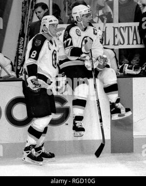 Boston Bruins Cam Neely (links) und Ray Bourque während einer Pause in der Aktion gegen die Detroit Red Wings am Fleet Center in Boston, Ma USA Nov. 2 ,1995 Foto von Bill belknap Stockfoto