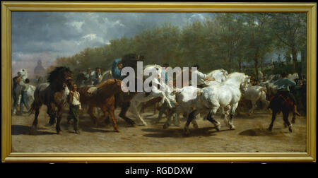 Das Pferd Messe. Artist: Rosa Bonheur (Französisch, Bordeaux 1822-1899 Thomery). Abmessungen: 96 cm x 199 cm. (244,5 x 506.7 cm). Datum: 1852-55. Dieses, Bonheur bekanntesten Malerei, zeigt das Pferd Markt in Paris auf dem Baum statt gesäumten Boulevard de l'Hôpital, in der Nähe der Asylbewerber, der Salpêtrière, dem im linken Hintergrund sichtbar ist. Für ein Jahr und eine Hälfte Bonheur es skizziert zweimal pro Woche, als Mann Aufmerksamkeit zu entmutigen. Bonheur war auch ein Tier, wenn der Maler Malerei debütiert auf dem Pariser Salon von 1853, wo es breites Lob erhielt. Bei der abschließenden schem Stockfoto