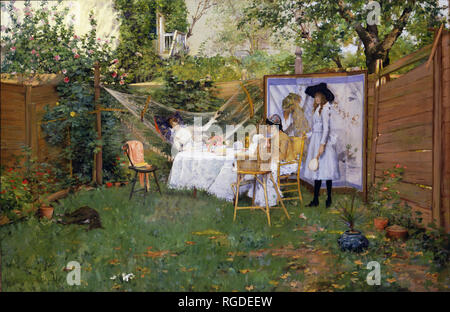 Open-air-Frühstück. Datum/Zeit: 1888. Malerei. Öl auf Leinwand. Höhe: 951 mm (37.44 in); Breite: 1.443 mm (56.81 in). Autor: William Merritt Chase. Stockfoto