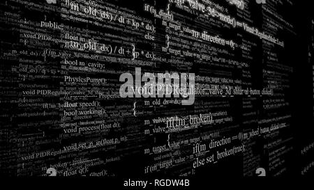 Software Source Code. Schichten von Programmcode auf schwarzem Hintergrund Stockfoto