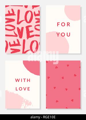 Ein Satz von vier süßen und moderne romantische Karte Designs in Pastell rosa, rot und weiß. Valentinstag Grusskarten Vector Illustration. Perfekt für Pack Stock Vektor