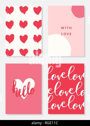 Ein Satz von vier süßen und moderne romantische Karte Designs in Pastell rosa, rot und weiß. Valentinstag Grusskarten Vector Illustration. Perfekt für Pack Stock Vektor