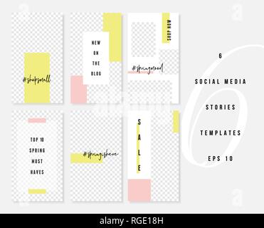 Ein Satz von sechs Bearbeitbarer vertikaler Vorlagen für soziale Medien Geschichten Beiträge in Pastell rosa, weiß, neon Gelb und Schwarz. Mode und Lifestyle blog Templ Stock Vektor