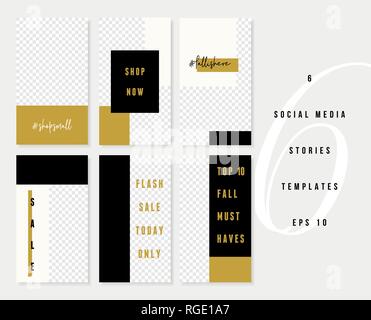 Ein Satz von sechs Bearbeitbarer vertikaler Vorlagen für soziale Medien Geschichten Beiträge in Weiß, Gold und Schwarz. Mode und Lifestyle blog Templates, Werbebanner, b Stock Vektor