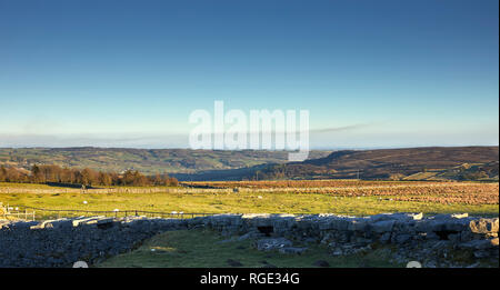 Kalte Steine schneiden, GREENHOW, Harrogate, N YORKS, Großbritannien. 28. Jan 2019. Heather brennenden Rauch hängt in der Luft. South East in Nidderdale nach Harrogate Stockfoto