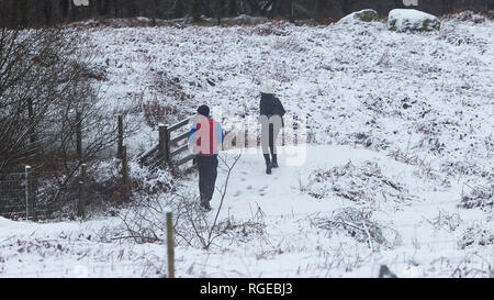 Thirlmere, Keswick, Cumbria. 29. Jan 2019. UK Wetter: Wanderer gehen für eine Wanderung und Schnee an Thirlmere, Keswick, Cumbria, Großbritannien. 29. Januar 2019. Foto von Richard Holmes. Credit: Richard Holmes/Alamy leben Nachrichten Stockfoto