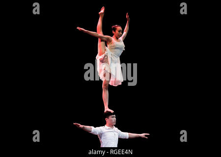 (190129) - Thessaloniki, Jan. 29, 2019 (Xinhua) - chinesische Künstler während einer Show mit dem Titel "Happy Chinese New Year 2019" in Thessaloniki, Griechenland, Jan. 28, 2019. Eine große Gruppe von chinesischen Künstlern einen besonderen und festlichen Erscheinen für eine 'Happy Chinese New Year 2019" am Montag in der griechischen Hafenstadt Thessaloniki, die zweitgrößte Stadt des Landes. Die Veranstaltung wurde von Thessaloniki Tourismus Organisation in Zusammenarbeit mit der chinesischen Botschaft in Griechenland und die Pekinger Stadtverwaltung und die Unterstützung der chinesischen Kulturzentrum in Athen organisiert, sowie die chinesische Gemeinschaft Stockfoto