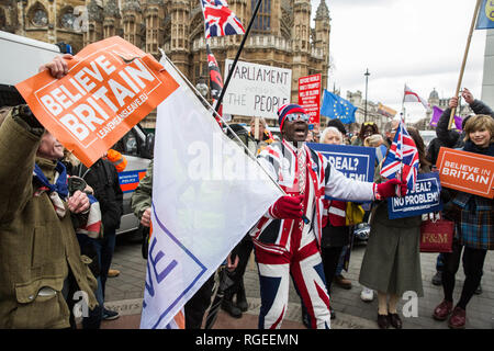 London, Großbritannien. 29. Januar, 2019. Pro-Brexit Demonstranten vor dem Parlament am Tag der Abstimmung im Unterhaus zu Änderungen der Premierminister Brexit Rückzug Abkommen, das den Inhalt der nächsten Stufe der Verhandlungen mit der Europäischen Union bestimmen konnte. Credit: Mark Kerrison/Alamy leben Nachrichten Stockfoto