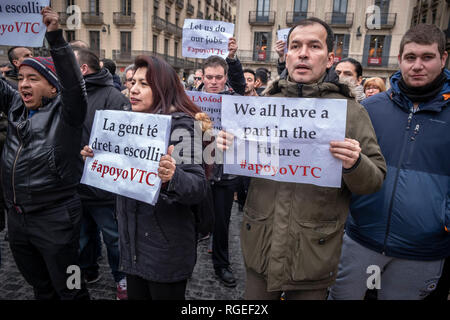 Barcelona, Spanien. 29. Januar, 2019. Treiber mit einem VTC Lizenz (Fahrzeuge mit Fahrer) gesehen werden Plakate zugunsten der VTC-Lizenzen während des Protestes. VTC-Treiber (Fahrzeuge der Tourismus mit Fahrer) Protest an der Plaça de Sant Jaume während der Exekutivrat der Regierung, dass das neue Dekret, dass die Beziehung von Taxi Dienstleistungen regelt und VTC in Katalonien genehmigen würde. Credit: SOPA Images Limited/Alamy leben Nachrichten Stockfoto