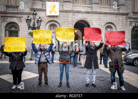 Barcelona, Spanien. 29. Januar, 2019. Fünf Fahrer mit einem VTC Lizenz (Fahrzeuge mit Fahrer) gesehen werden Plakate zugunsten der VTC-Lizenzen während des Protestes. VTC-Treiber (Fahrzeuge der Tourismus mit Fahrer) Protest an der Plaça de Sant Jaume während der Exekutivrat der Regierung, dass das neue Dekret, dass die Beziehung von Taxi Dienstleistungen regelt und VTC in Katalonien genehmigen würde. Credit: SOPA Images Limited/Alamy leben Nachrichten Stockfoto