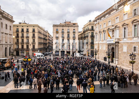 Barcelona, Spanien. 29. Januar, 2019. Eine große Gruppe von Fahrern mit einem VTC Lizenz (Fahrzeuge mit Fahrer) sind an der Plaça de Sant Jaume während des Protestes gesehen. VTC-Treiber (Fahrzeuge der Tourismus mit Fahrer) Protest an der Plaça de Sant Jaume während der Exekutivrat der Regierung, dass das neue Dekret, dass die Beziehung von Taxi Dienstleistungen regelt und VTC in Katalonien genehmigen würde. Credit: SOPA Images Limited/Alamy leben Nachrichten Stockfoto