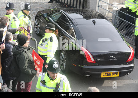 Westminster, London, UK, 29. Januar 2019. Aktivisten brüllen eine Regierung Auto in die Häuser des Parlaments. Aktivisten aus sowohl die pro Brexit und bleiben Kampagnen Protest in Westminster um die Häuser des Parlaments und College Green heute, da das Parlament durch Beschlüsse über Änderungen und die Abstimmung über den Brexit deal wieder zu nehmen. Ein schwerer als übliche polizeiliche Präsenz wahrnehmbar und Aggressionen Aufflammen über den ganzen Tag. Credit: Imageplotter Nachrichten und Sport/Alamy leben Nachrichten Stockfoto