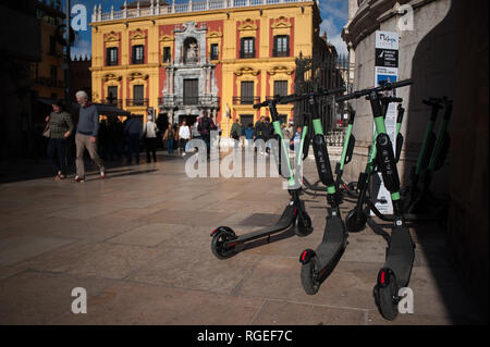 Januar 3, 2019 - Málaga, Spanien - Kostenlose Scooter sind zu sehen auf der Straße geparkt. Der spanische General Traffic Management wird von nun an einen Führerschein für die elektroroller und eine Versicherung unter anderem Maßnahmen bedarf, entsprechend einer neuen Dekret von der spanischen Regierung. In den letzten Monaten hat mehr Unfälle mit Elektroroller passiert, und ein Tod im vergangenen Jahr. Die Regierung erwarten, wie dies der Verwendung dieser Transporte zu regulieren und die Sicherheit verbessern. (Bild: © Jesus Merida/SOPA Bilder über ZUMA Draht) Stockfoto