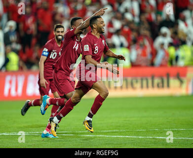 Januar 29, 2019: Hamid Ismail von Katar feiern zählen zu 4-0 in der 90. Minute während Qatar v VAE an der Abu Dhabi in Abu Dhabi, Vereinigte Arabische Emirate, AFC Asian Cup, asiatische Fußball-Meisterschaft. Ulrik Pedersen/CSM. Stockfoto