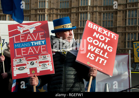 Westminster, London. 29. Januar 2019. Demonstranten, die für und gegen Brexit, außerhalb des Parlaments, wie Änderungen der Europäischen Entzug Vereinbarung werden auf gestimmt. Ein Rest hält ein Schild mit der Aufschrift 'Brexit: Nicht gut läuft, ist das?" und die andere sagen lassen' bedeutet sie verlassen" und eine Zeichnung von fünf Unternehmen, Vauxhall, Landrover, BMW, Honda, Toyota. Credit: Jenny Matthews/Alamy leben Nachrichten Stockfoto