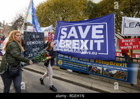 London, Großbritannien. - Jan 29, 2019: Demonstranten halten einen Trauermarsch außerhalb des Parlaments auf ein entscheidender Tag für Brexit Diskussion innerhalb des House of Commons. Credit: Kevin J. Frost-/Alamy leben Nachrichten Stockfoto