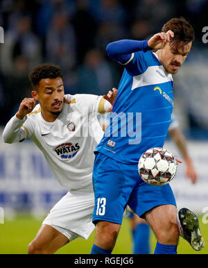 29 Januar 2019, Sachsen-Anhalt, Magdeburg: Fussball: 2. Fussballbundesliga, 19. Spieltag, 1.FC Magdeburg - FC Erzgebirge Aue in der MDCC-Arena. Aues Emmanuel Iyoha (l) im Duell mit der Magdeburger Dennis Erdmann. Foto: Joachim Sielski/dpa-Zentralbild/dpa - WICHTIGER HINWEIS: In Übereinstimmung mit den Anforderungen der DFL Deutsche Fußball Liga oder der DFB Deutscher Fußball-Bund ist es untersagt, zu verwenden oder verwendet Fotos im Stadion und/oder das Spiel in Form von Bildern und/oder Videos - wie Foto Sequenzen getroffen haben. Stockfoto