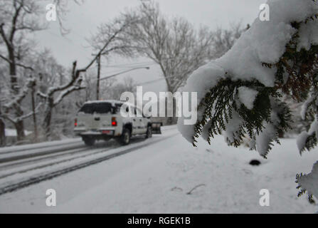 Bluemont, Virginia, USA. 29. Januar, 2019. In Bluemont ein schwerer nasser Schnee über Loudoun Nachmittag bestanden während der Rush Hour Traffic die Straßen sehr glatt. An diesem Abend eine leichte nasser Schnee wird erwartet, dass auf Eisregen und ueberfrierende Naesse späten Nacht geregelt wird. (Foto von Douglas Graham/WLP) Credit: William Graham/Alamy leben Nachrichten Stockfoto