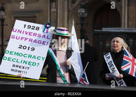 London, Großbritannien. 29. Januar, 2019. Zwei Frauen als Suffragetten, uns über den Kampf für die Demokratie, die Sie behaupten erinnern gekleidet, ist nun verweigert. Ort: Vor dem Parlament, London, UK. Credit: Joe Kuis/Alamy leben Nachrichten Stockfoto