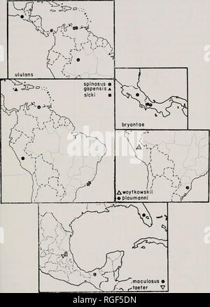 . Bulletin des Museums für Vergleichende Zoologie an der Harvard College. Zoologie. EXLINE UND LEVI: SPINNE DER GATTUNG ARGYRODES 87. Karte 9. Verteilung der Argyrodes bryantac neue Arten, A. gapensis neue Arten, A. maoulosus O. P.-Cambridge, A. plaumanni neue Arten, A. neue Arten sicki, A. spinosus Katharina, A. taeter neue Arten, A. ululams O. P.-Cambridge, und A. woytkowshii neue Arten.. Bitte beachten Sie, dass diese Bilder aus gescannten Seite Bilder, die digital für die Lesbarkeit verbessert haben mögen - Färbung und Aussehen dieser Abbildungen können nicht genau mit dem Original ähneln extrahiert werden Stockfoto