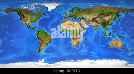 Detaillierte flache Ansicht des Planeten Erde und der landschaftsformen. Abgeflacht, globalen Welt Karte. Erdkarte in der Sommersaison. 3D-Illustration - Elemente dieser Stockfoto