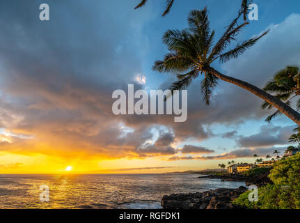 Helles orange Sonnenuntergang über dem Meer mit Kokospalmen über den felsigen Küstenlinie, Poipu, Koloa, Kauai, Hawaii Stockfoto
