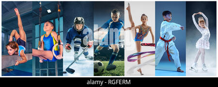 Angriff. Sport Collage über jugendlich oder Kind Athleten oder Spieler. Die Fußball-Fußball, Eishockey, Eiskunstlauf, Karate Kampfsport, Rhythmische Gymnastik. Kleine Jungen und Mädchen in Aktion oder Bewegung Stockfoto