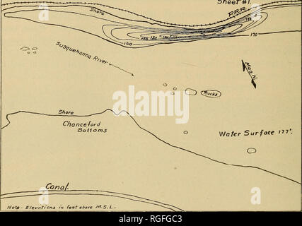 . Bulletin der geologischen Gesellschaft von Amerika. Geologie. 338 E. MATHEWS VERSENKT^^ TIEFEN IN^ SUSQUEHANNA RIVER fordert, Fähre, an Mingna (zwischen dem Dam und Culleys fällt), unter CiiUeys fällt und an der Westküste in der Nähe von Conowingo, Maryland. Nur Watar 5 t //-/o'o Cr-QS^3 & Amp; ktion Wafers. Lott^ ifudinal Abschnitt Schiere 4^ I.. fiete-E/et'/ons&gt; n feat oben/^ S. L Abbildung 2.-Mai^ und Profile der ''Deep" im Susquehanna River adore Safe Harbor, Pennsylvania Maßstab: Horizontal, 1 Zoll =: 1.200 Fuß; Vertikal, 1 Zoll = 300 Fuß Olio von tliose, dass Mingna oder TToltwood, gut War Stockfoto