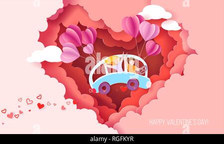 Valentines Tag Karte mit ein paar blauen Bus fahren mit Luftballons innerhalb der roten Wolken in Herzform. Vektor Papier art Illustration. Papier schneiden Stil. Stock Vektor