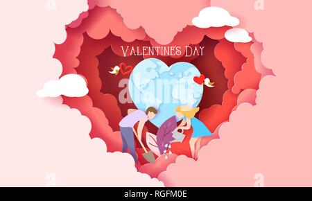 Valentines Tag Karte mit Paar kümmern Liebe Herz pflanze mit Earth Globus innerhalb der roten Wolken in Herzform. Vector Illustration. Papier schneiden Stil. Stock Vektor