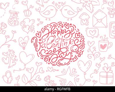 Vektor Monoline-versicherer Kalligraphie Satz Happy Valentines Tag. Valentine Hand gezeichnet Schriftzug und Elemente. Ferienwohnung Skizze doodle Design Karte mit Herz Stock Vektor