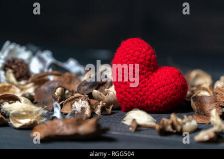 Hand Made rotes Herz aus Garn mit getrockneten Blätter und Blüten auf dem schwarzen Holztisch gelegt. Konzept von Liebe und Valentinstag. Kopieren Sie Platz für Text Stockfoto