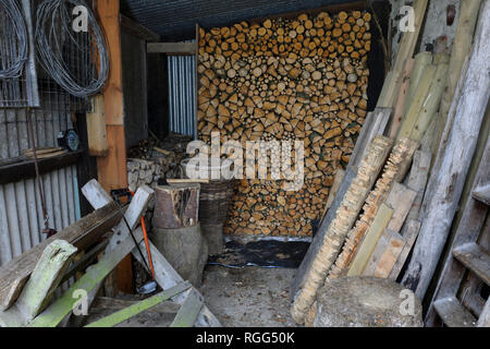 Ungewürzt brennholz Luft Trocknen im Holzschuppen. Stapel frisch geschnitten und split Feuer Holz mit Herz Form mit kontrastierenden Umläufe und Splits gebaut. Stockfoto