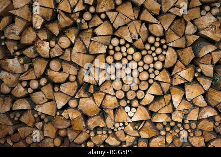 Ungewürzt brennholz Luft Trocknen im Holzschuppen. Stapel frisch geschnitten und split Feuer Holz mit Herz Form mit kontrastierenden Umläufe und Splits gebaut. Stockfoto