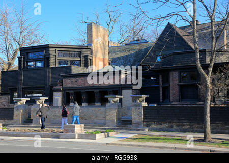 Die Ansicht von Frank Lloyd Wrights Haus und Studio von Unternehmen Eingang Seite in Oak Park. West Side von Chicago USA Illinois. Stockfoto