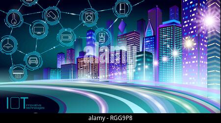 Internet der Dinge Low Poly smart City 3D Drahtgitter. Intelligente Gebäudeautomation IOT-Konzept. Moderne wireless online control Symbol urban cityscape Stock Vektor