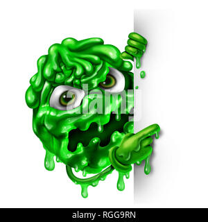 Schleim Charakter als Green snot Konzept wie eine laufende Nase Flüssigkeit als ansteckend Monster mit einem leeren Zeichen als eine medizinische Krankheit Symbol geprägt. Stockfoto